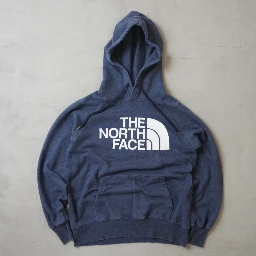 The North Face Mens Navy Blue Heather Logo Pullover Hoodie Small Raglan Sleeve